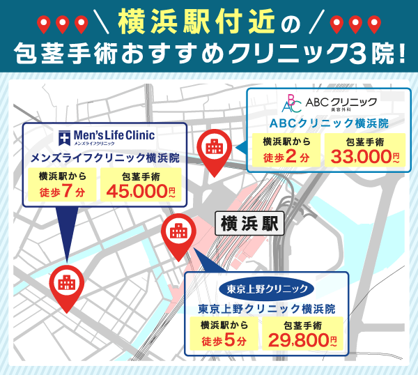 横浜駅付近の包茎手術おすすめクリニック3院を示すマップ画像