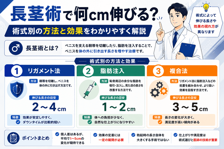 長茎術で何cm伸びる?術式別の方法と効果