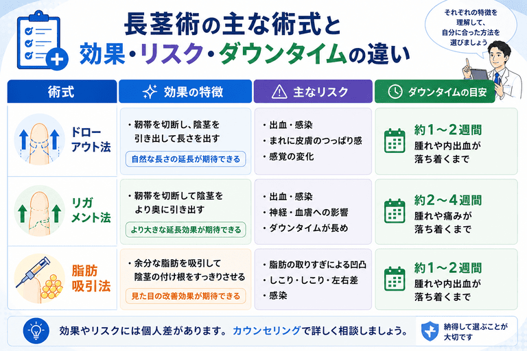 長茎術の主な術式と効果・リスク・ダウンタイムの違い