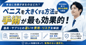 ペニスを大きくする方法は手術が最も効果的！器具・サプリとの違いや費用・リスクを解説